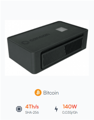Dispositivo de minería de Bitcoin negro con ventilación frontal, logotipo
