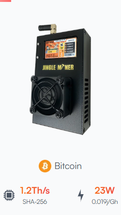 Minero de Bitcoin negro con ventilador, pantalla y asa; muestra 1,2Th/s, 23W y SHA-256.
