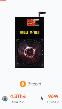Dispositivo de minería de Bitcoin Jungle Miner con ventilador rojo, 4.8Th/s, consumo de energía de 96W.