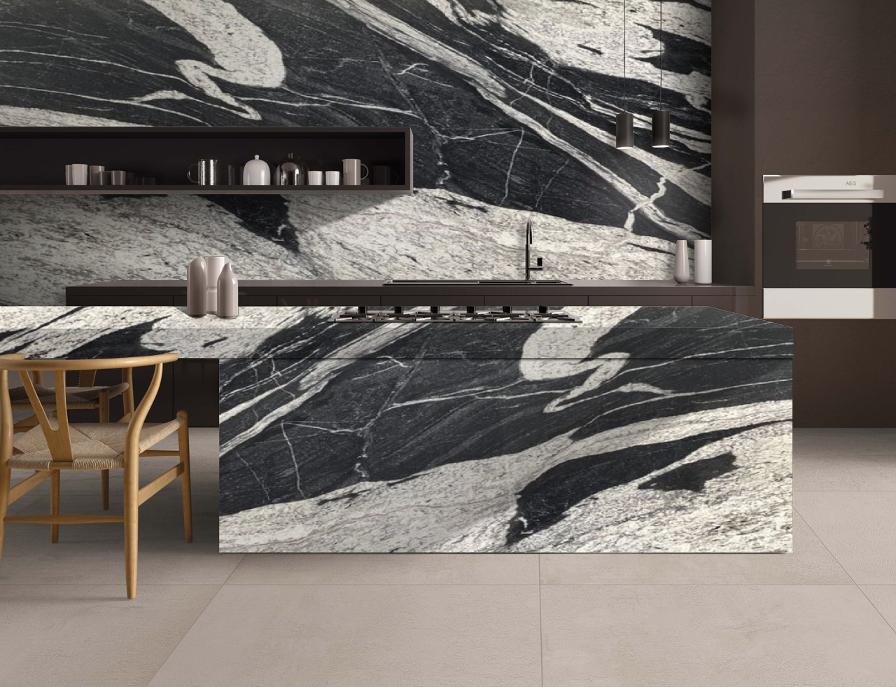 A kitchen with a black and white granite counter top