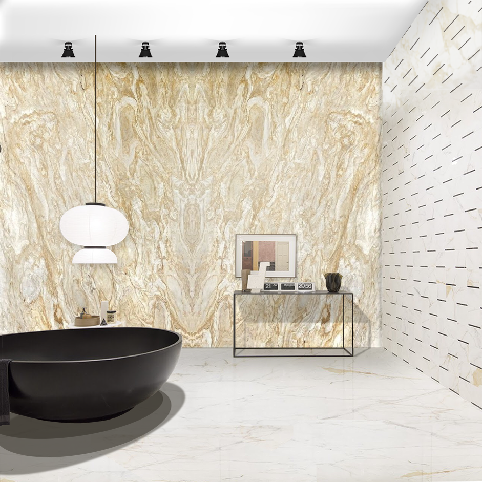A bathroom with a marble wall and a black tub
