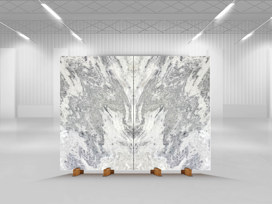 A white marble slab is sitting on a wooden stand in a room.