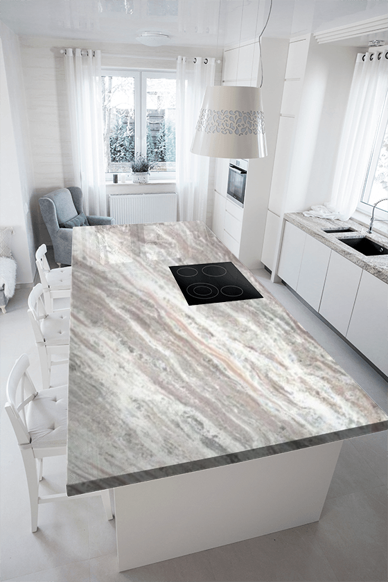 A kitchen with a large island and a stove top oven.