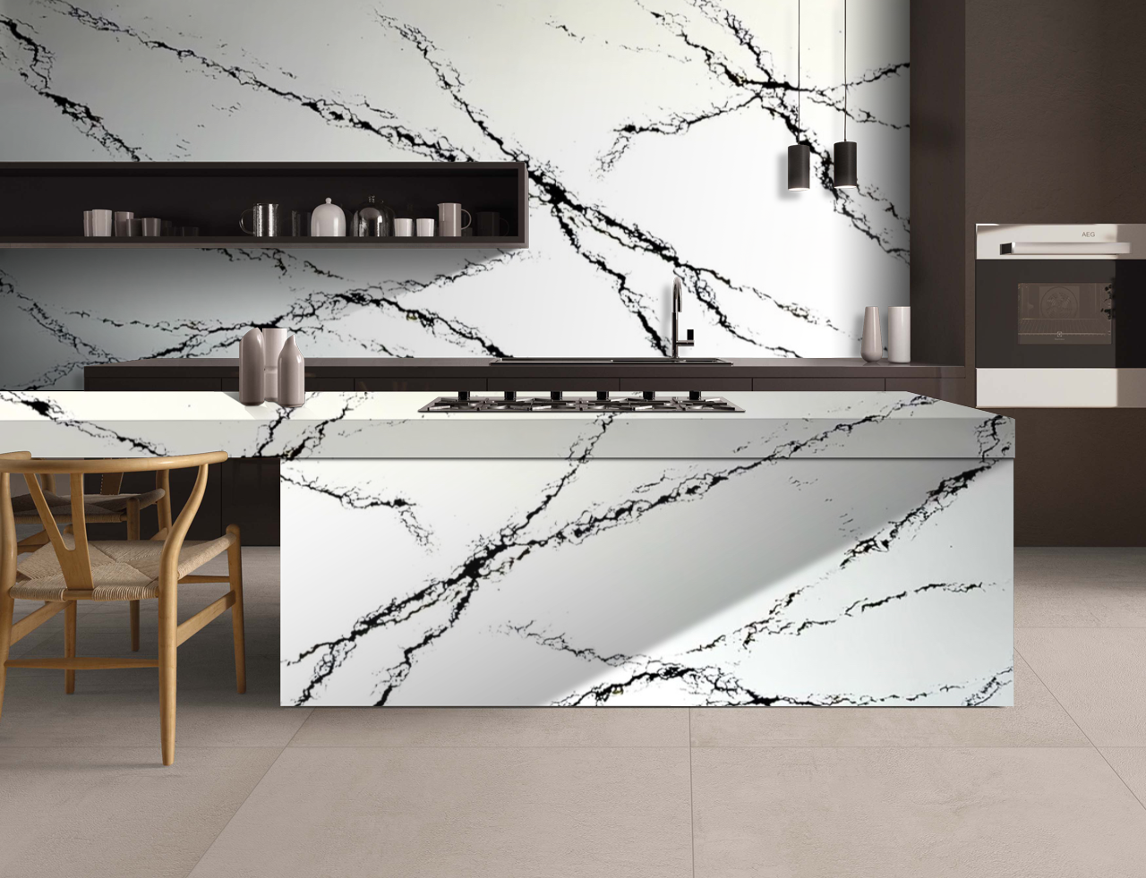 A kitchen with a black and white marble counter top