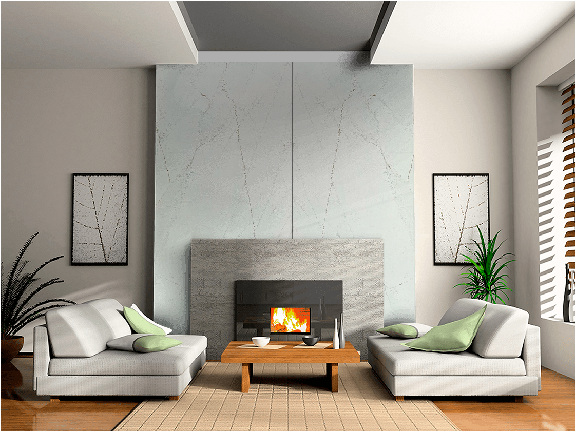 A living room with two couches and a fireplace