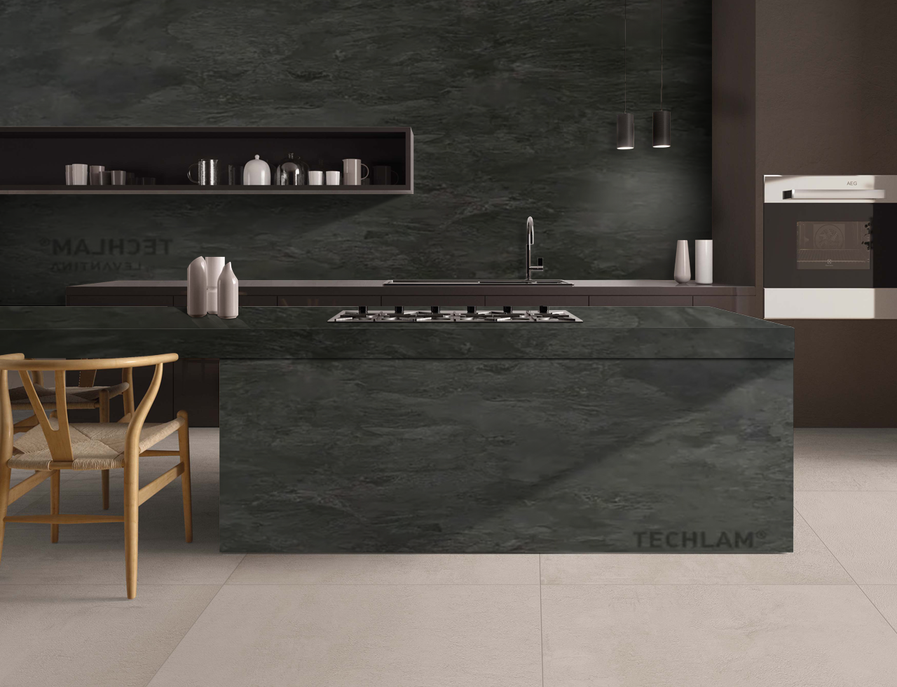 A kitchen with a large island and two chairs