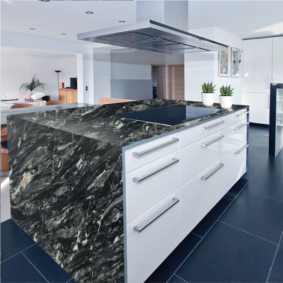 A kitchen with black granite counter tops and white cabinets
