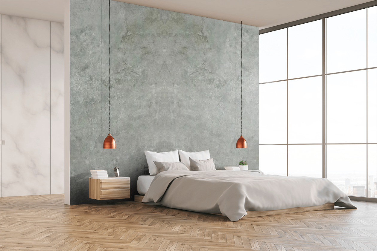 A bedroom with a large bed and a large window.