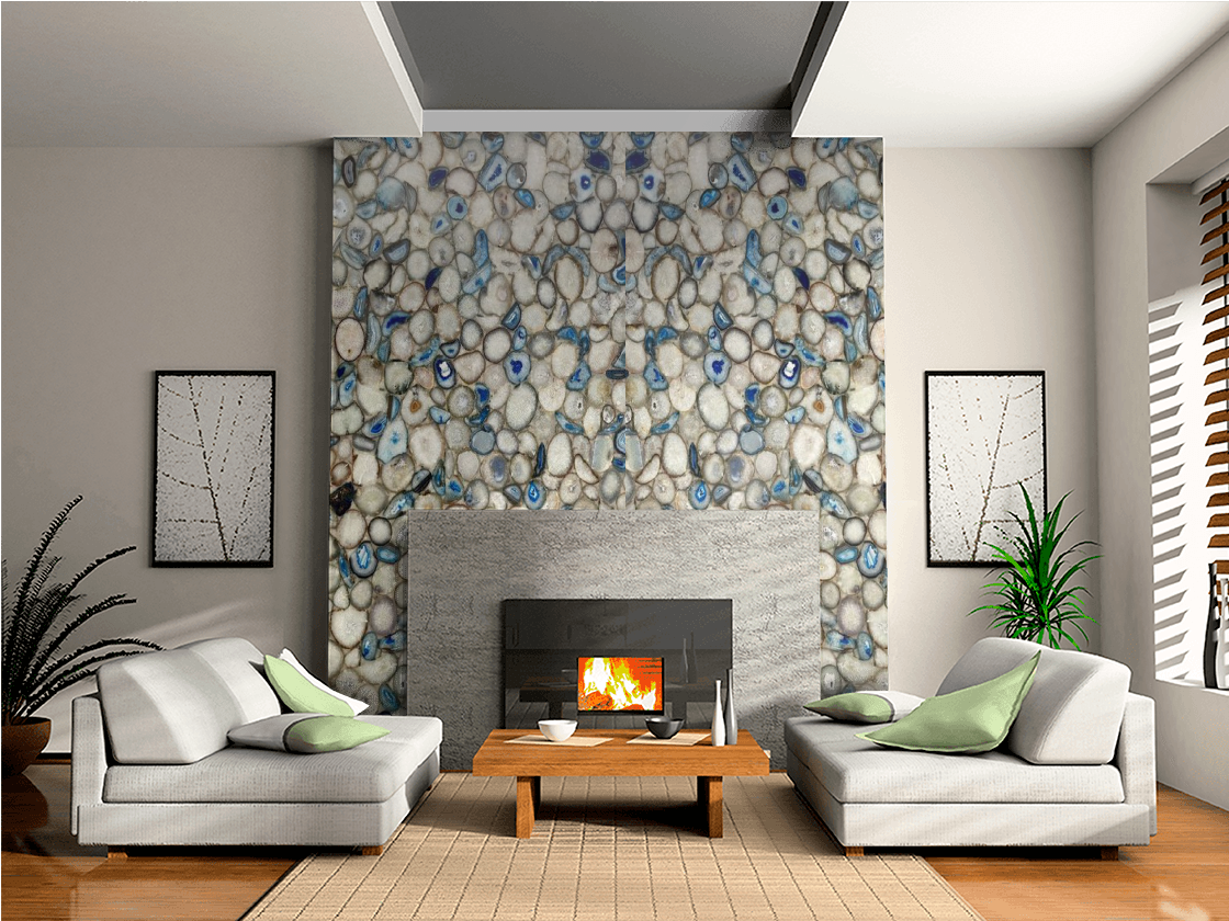 A living room with two couches and a fireplace