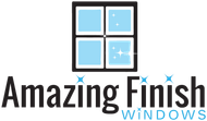 The logo for amazing finish windows shows a window and the words `` amazing finish windows ''.