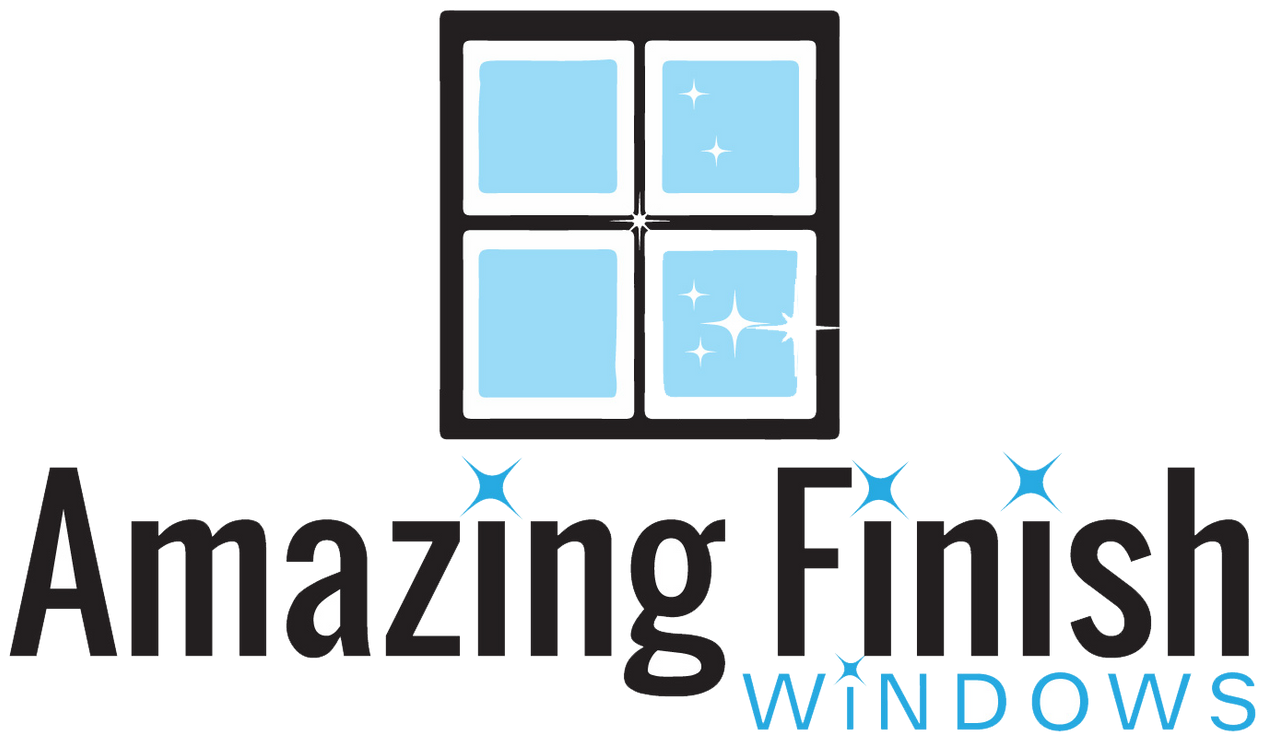 The logo for amazing finish windows shows a window and the words `` amazing finish windows ''.