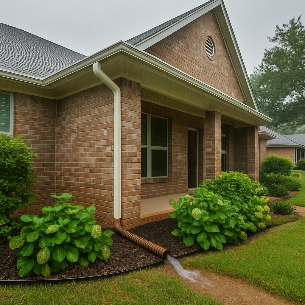 A home on a rainy day has a downspout working correctly - amazing finish windows, tx