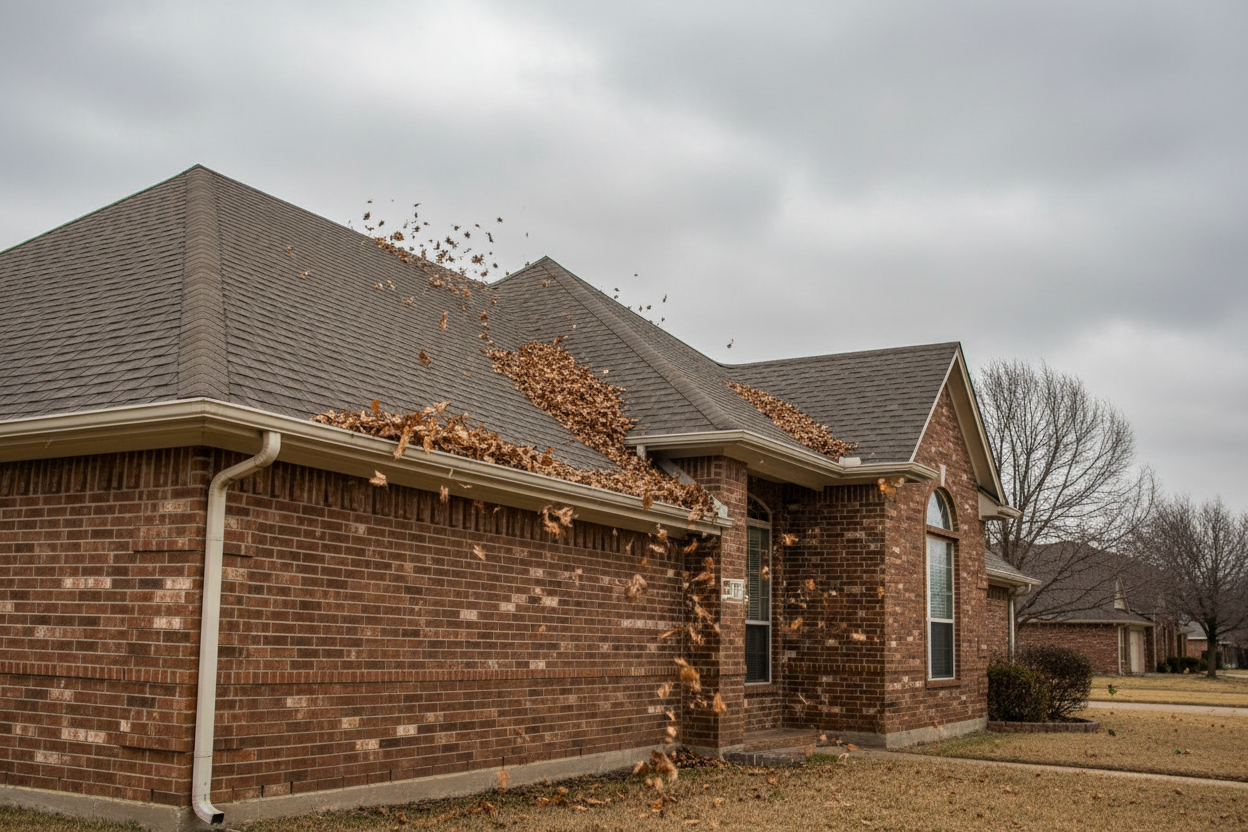 A north Texas home has the wind blowing leaves over the roof into the gutter - amazing finish windows, tx