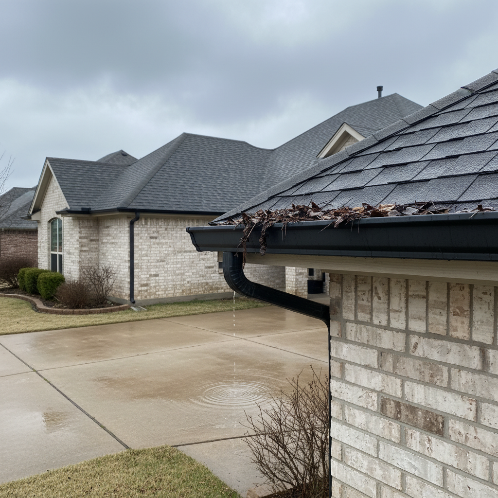 A close up of a north Texas home with clogged gutters