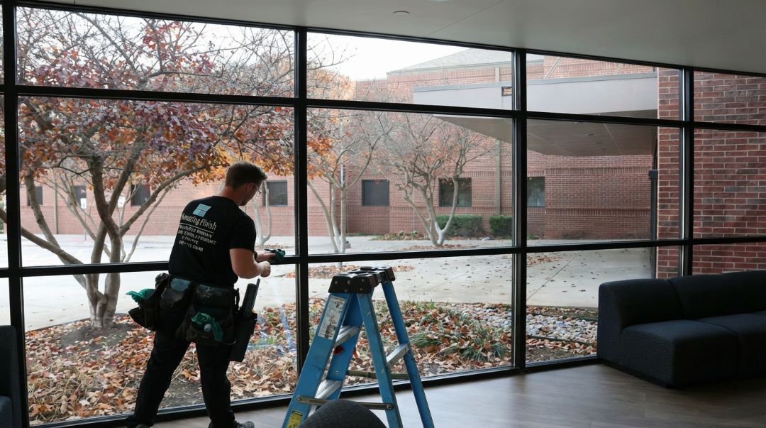 Amazing Finish Windows tech cleaning tall commercial lobby windows in November to help businesses get ready for holiday guests.