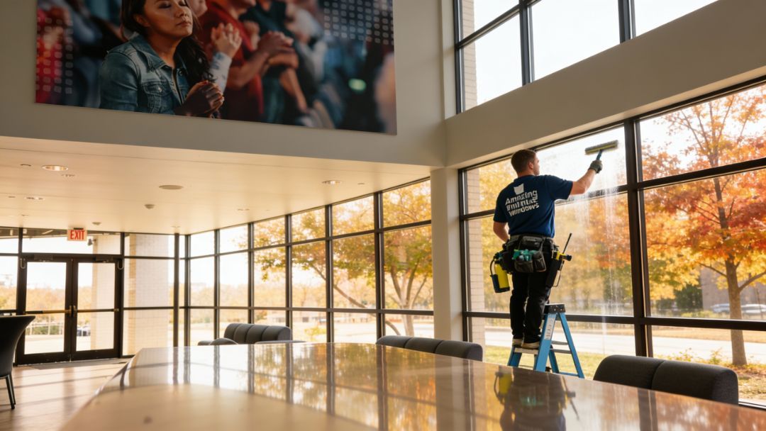 Amazing Finish Windows tech cleaning large interior commercial windows with realistic fall lighting and clear glass reflections.