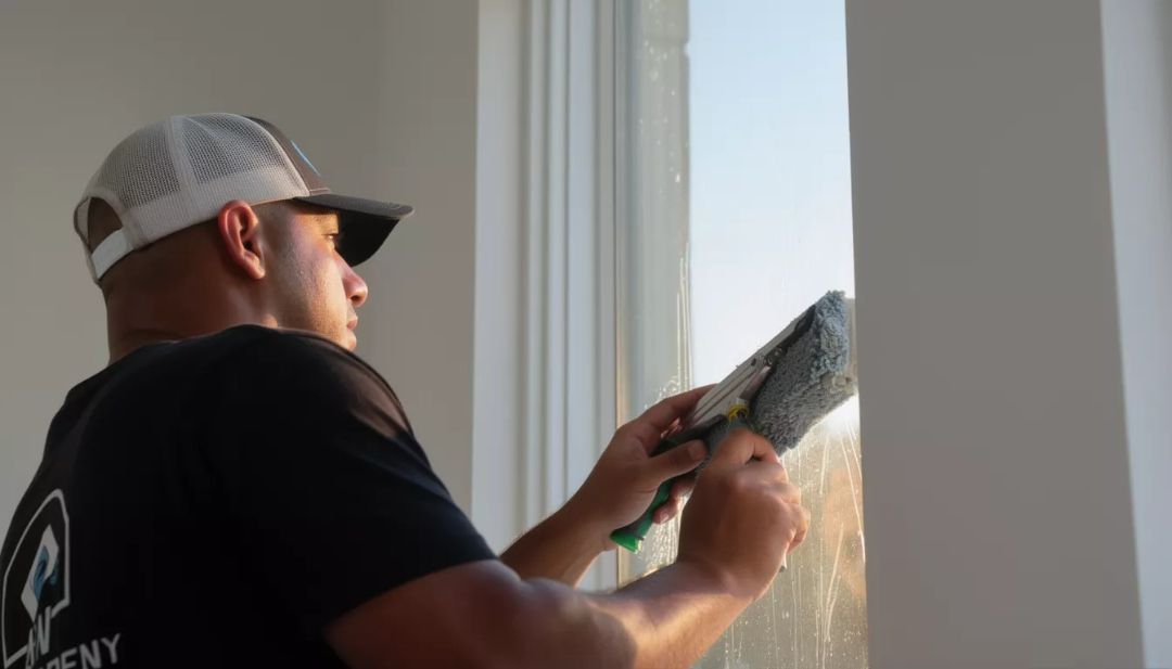 Amazing Finish Windows tech cleaning window edges to remove buildup caused by fall moisture and changing weather.
