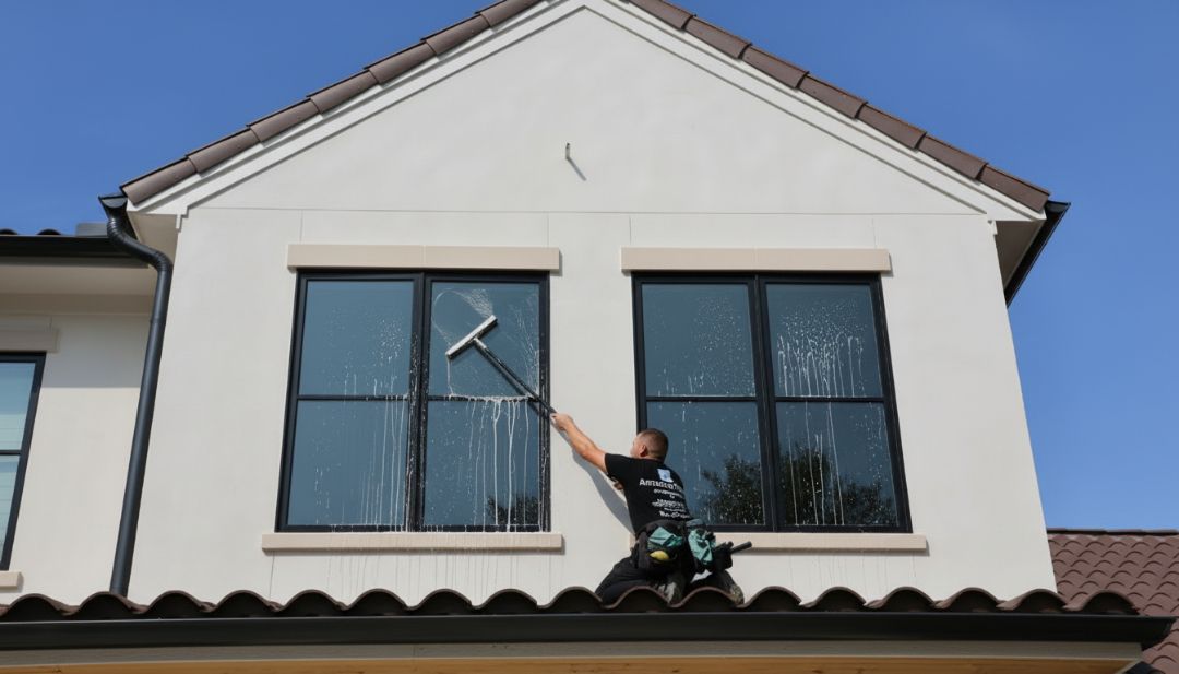 Amazing Finish Windows tech using a squeegee to clean a residential window with natural fall lighting and proper tools.