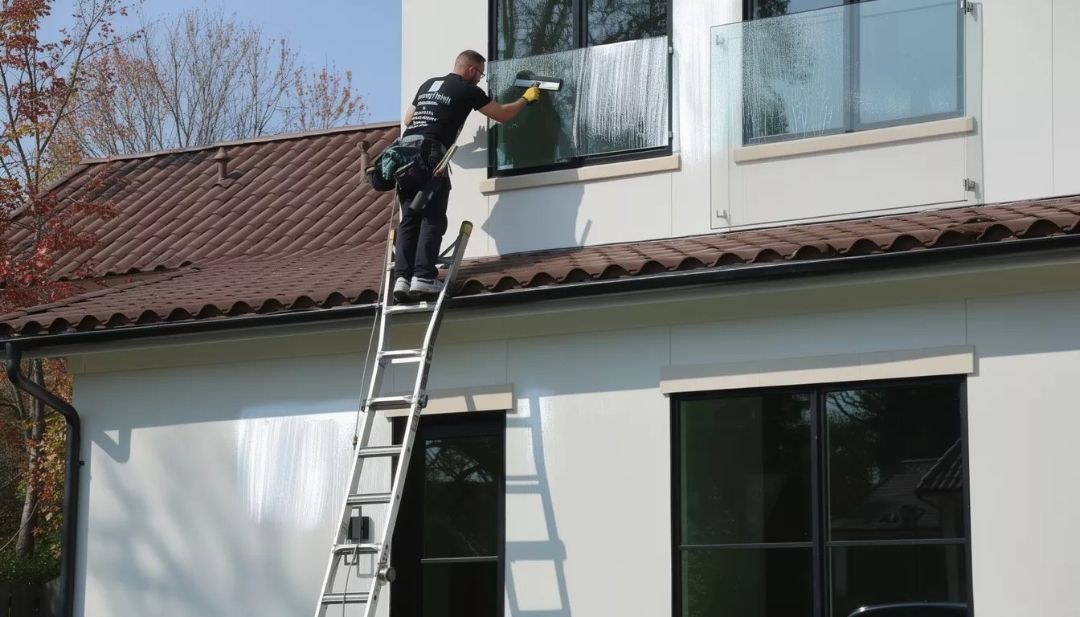 Amazing Finish Windows tech on a ladder cleaning a second-story window in crisp fall weather for a streak-free result.