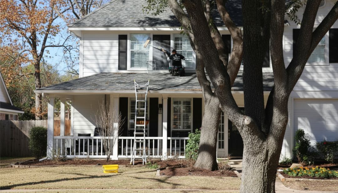 Amazing Finish Windows tech on a ladder washing a second-story window in mild early fall weather.