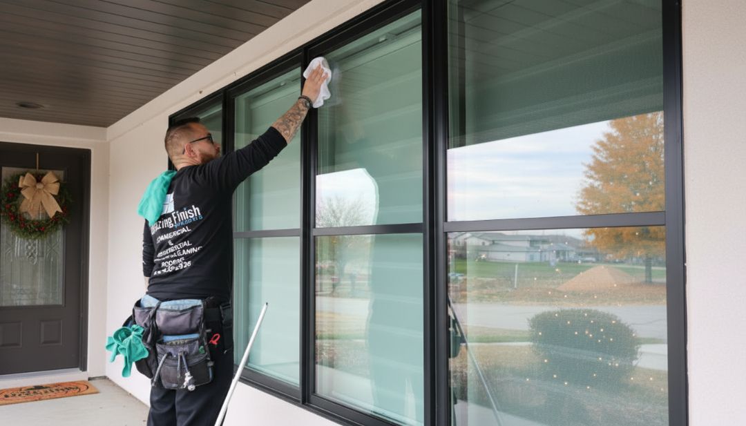 Amazing Finish Windows tech detailing a clean exterior window to boost curb appeal before holiday visitors arrive.