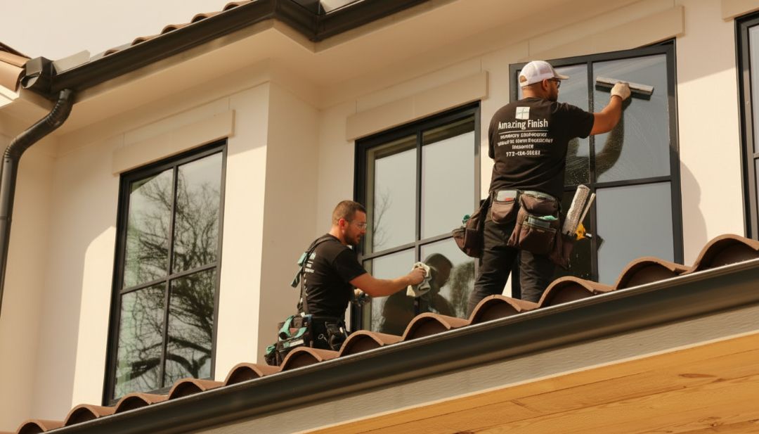 Amazing Finish Windows tech cleaning a large exterior window in November with clear glass.