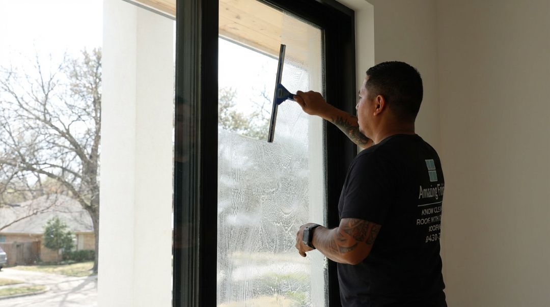 Amazing Finish Windows tech cleaning an interior window with soft winter light to brighten and freshen the home.