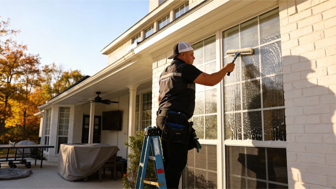Amazing Finish Windows tech cleaning a large exterior window on a Dallas home in early fall.