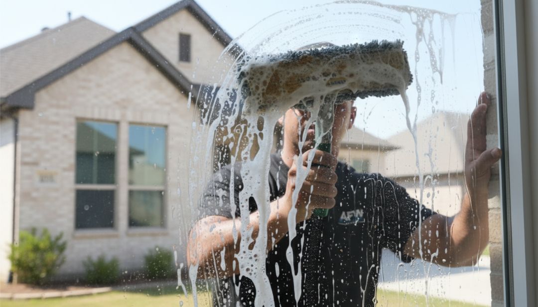 Amazing Finish Windows tech scrubbing summer dust from an exterior window to restore clarity.