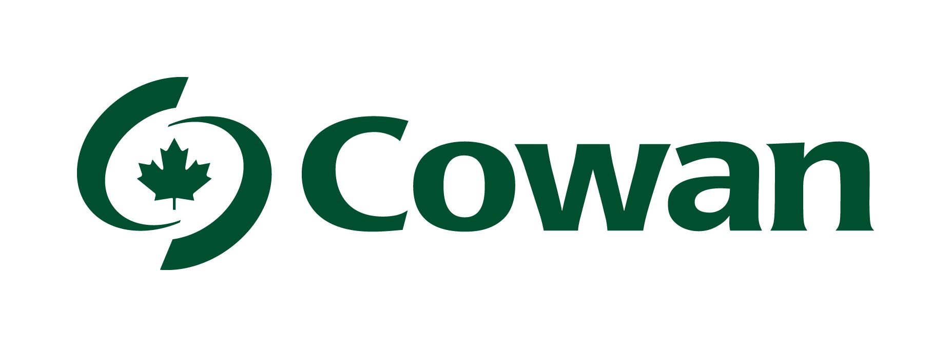 The logo for cowan is green and has a maple leaf in the middle.