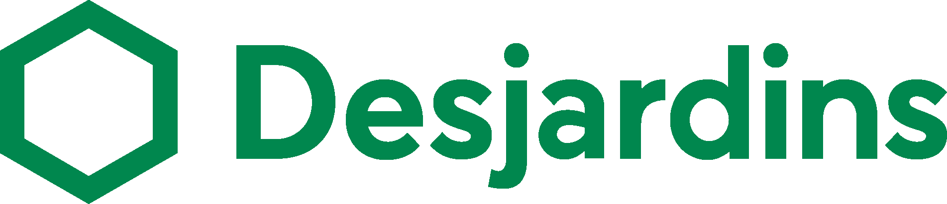The desjardins logo is green and white with a green hexagon in the middle.