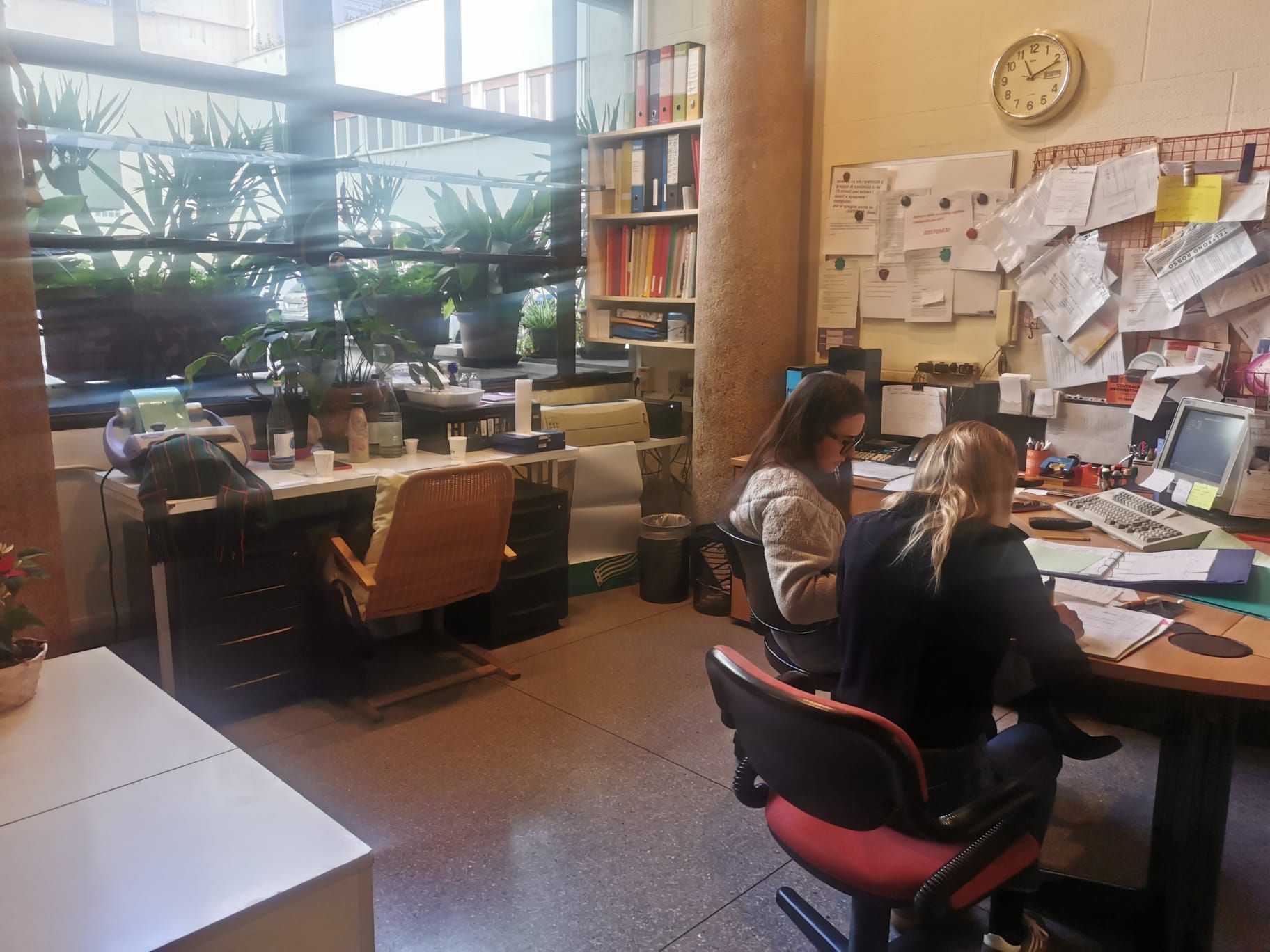 Due persone lavorano alla scrivania in un ufficio. Piante e documenti in vista, luci calde e una finestra.