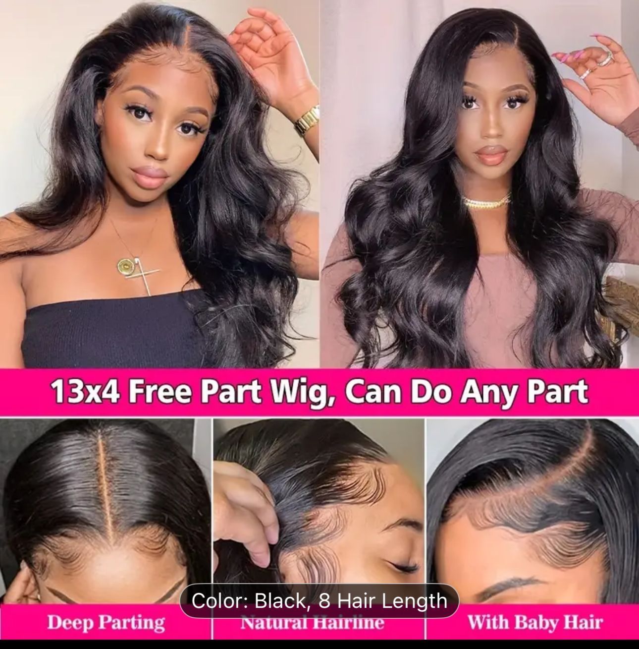 Collage of a woman showcasing long, wavy black hair in different poses and styles