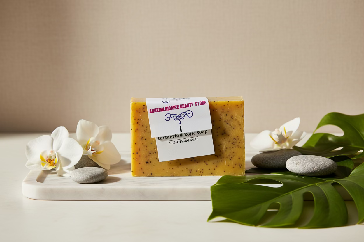 Spa soap bar with white flowers, pebbles, and green leaves on a minimalist tray