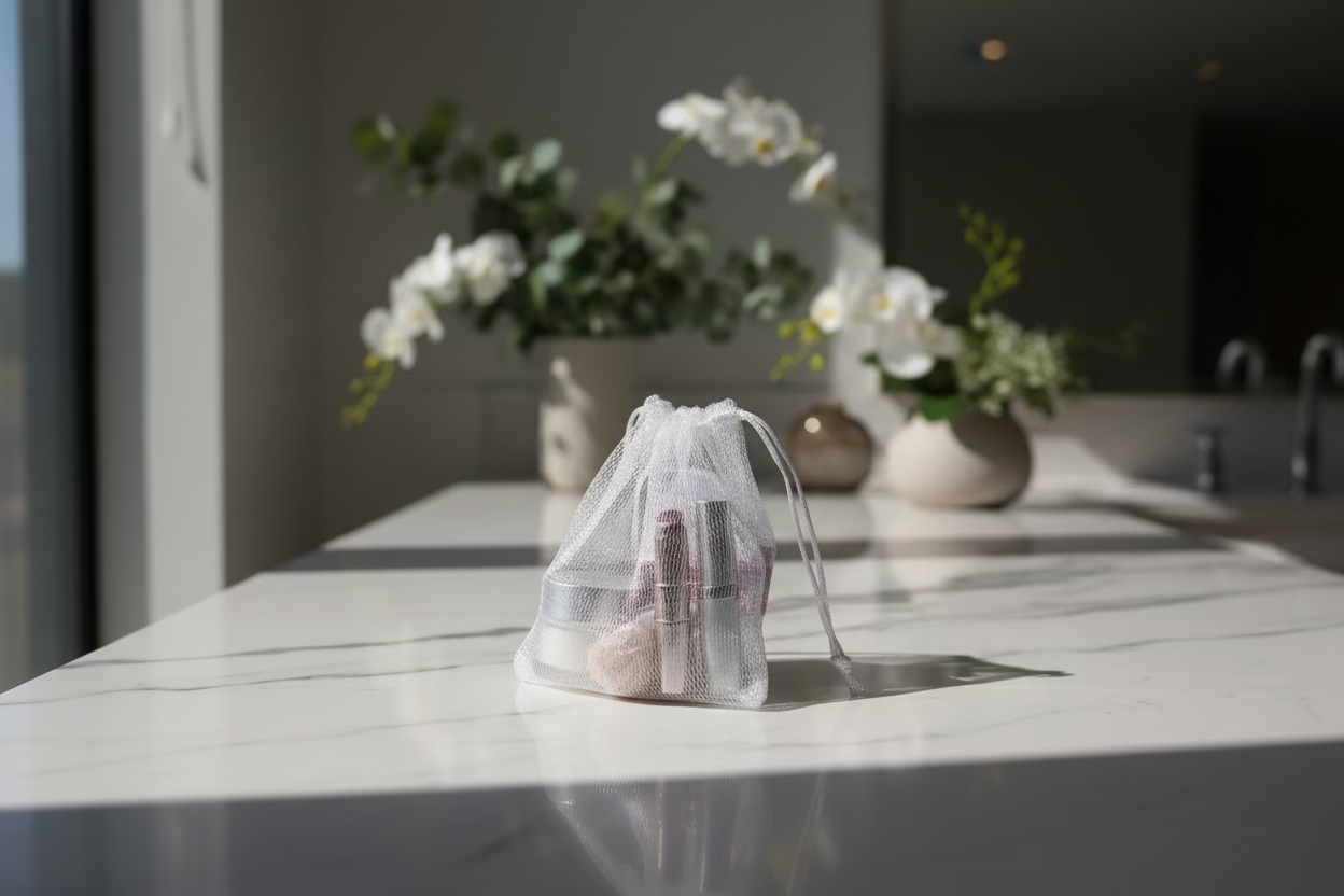 Small object under a translucent mesh on a sunlit white table with flowers in the background