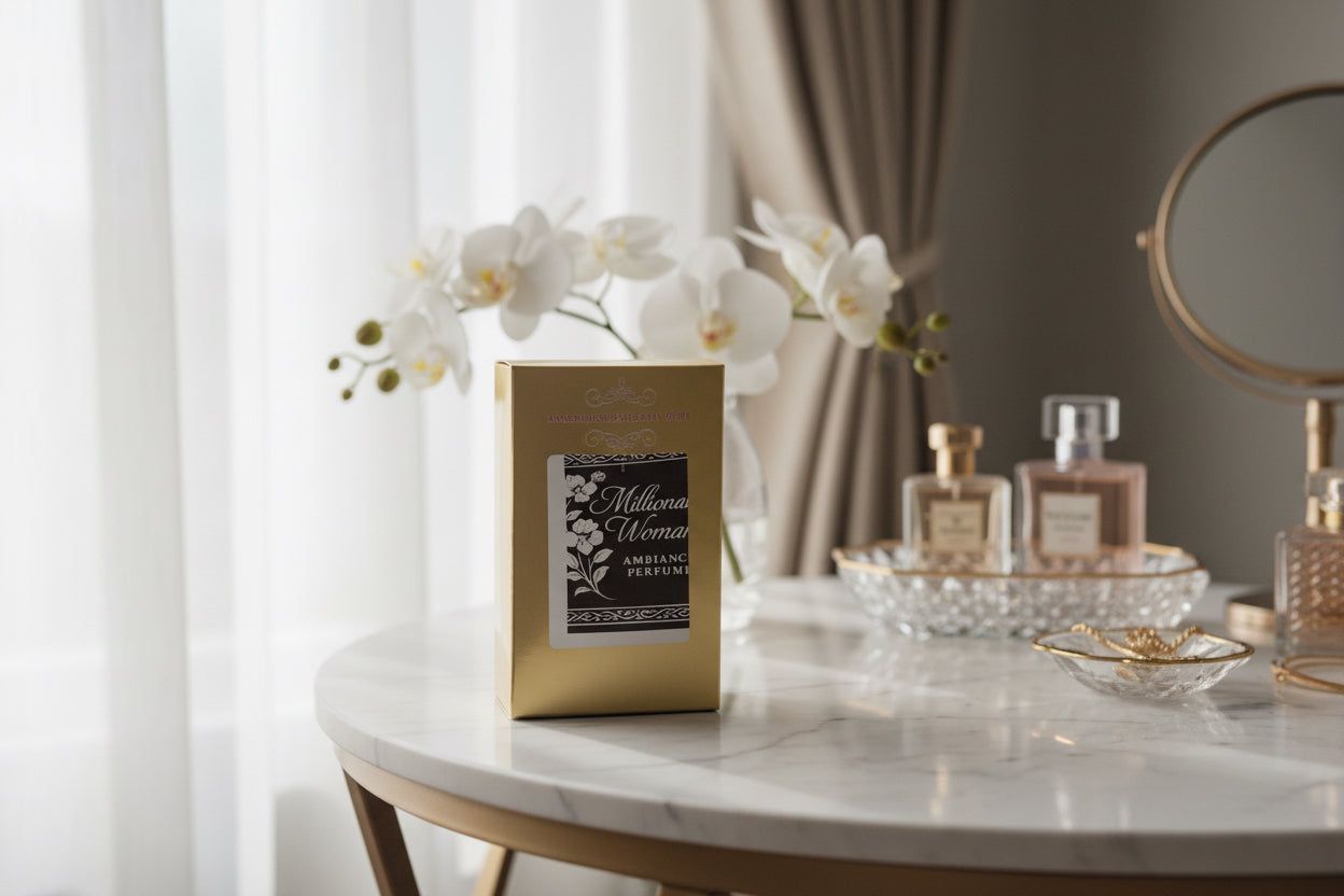Elegant white floral arrangement with gold menu card on a marble table in a softly lit room