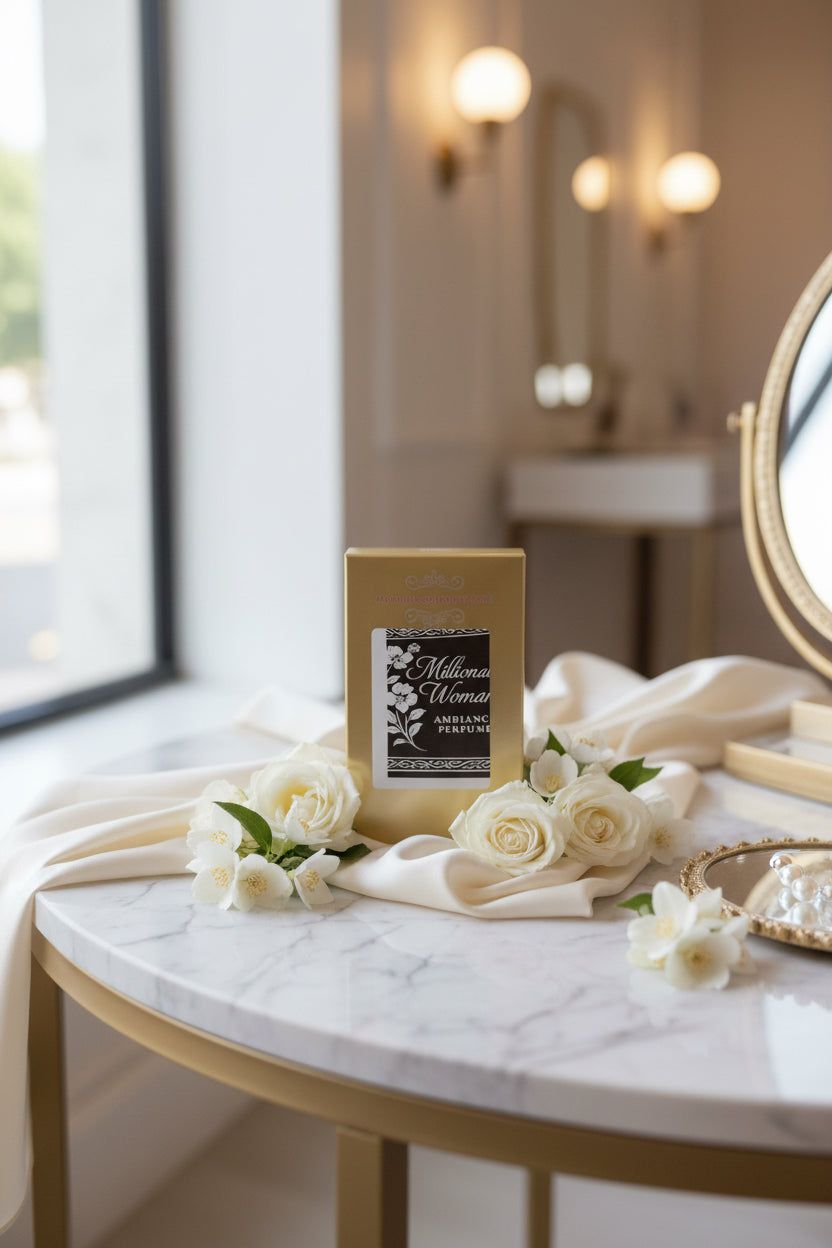 Elegant white floral arrangement with gold menu card on a marble table in a softly lit room