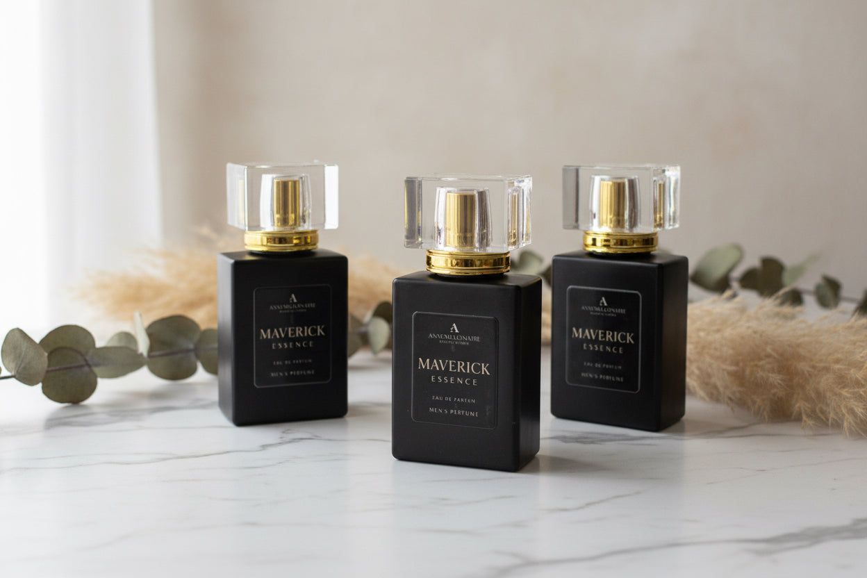 Three black luxury perfume bottles with gold caps on a light marble surface, surrounded by soft decor.