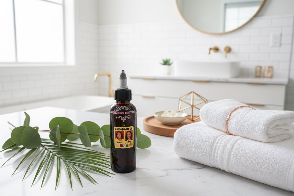 Spa setup with black dropper bottle, green leaves, and folded white towels on a bright countertop
