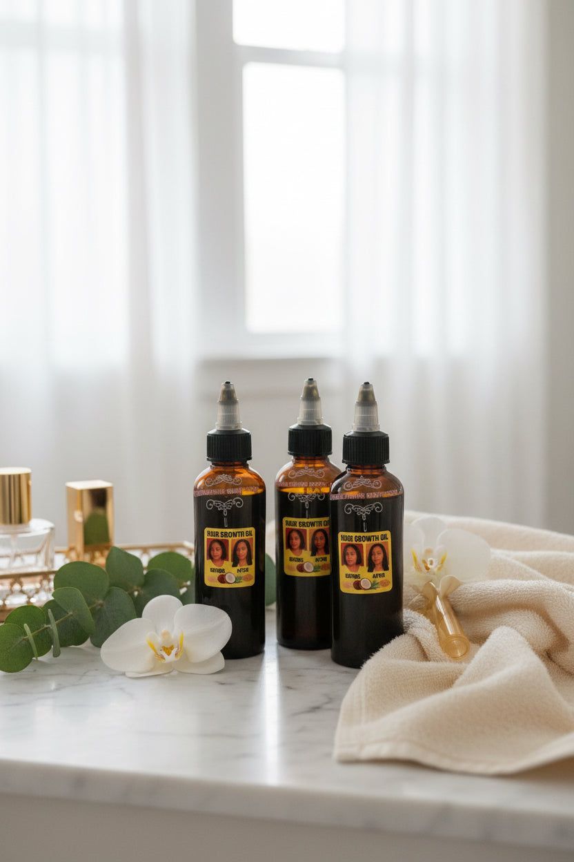 Spa setup with black dropper bottle, green leaves, and folded white towels on a bright countertop