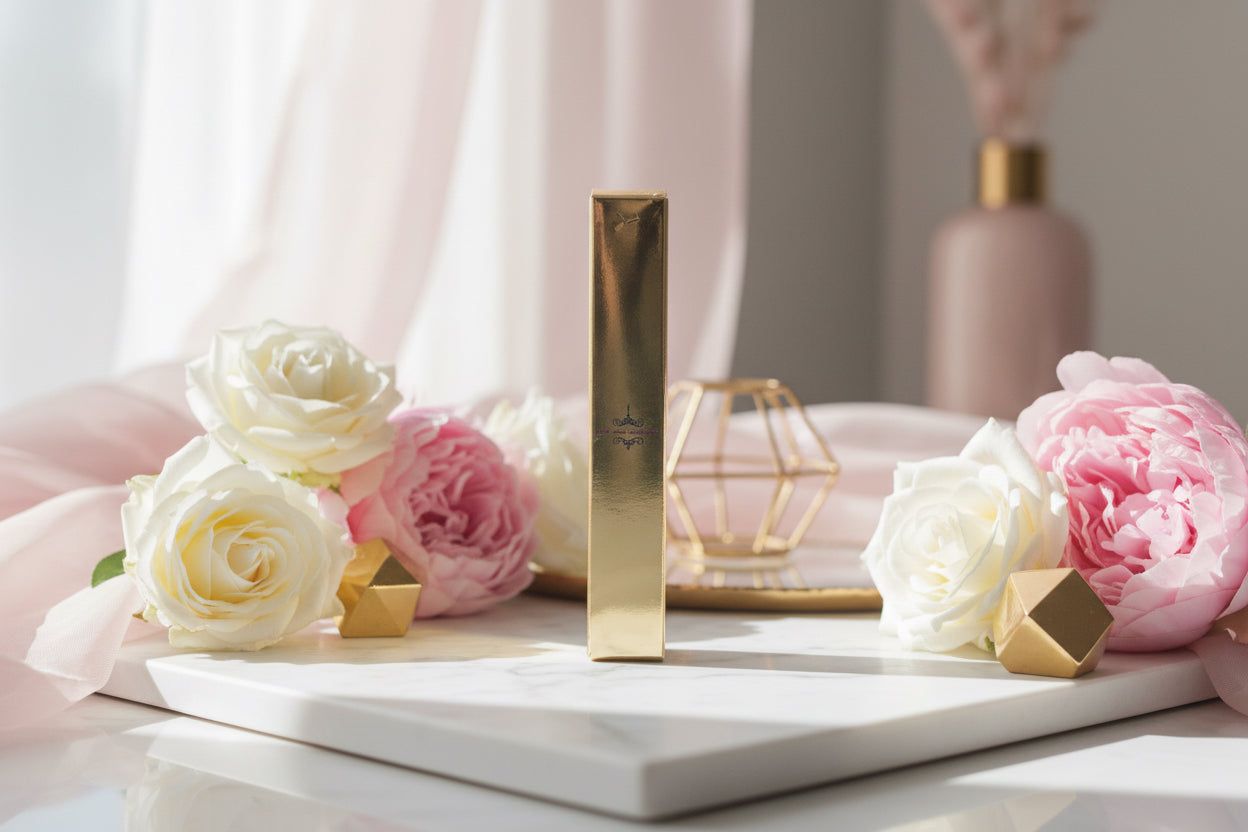 Elegant perfume bottle with white and pink flowers on a white tray in a soft, pastel setting