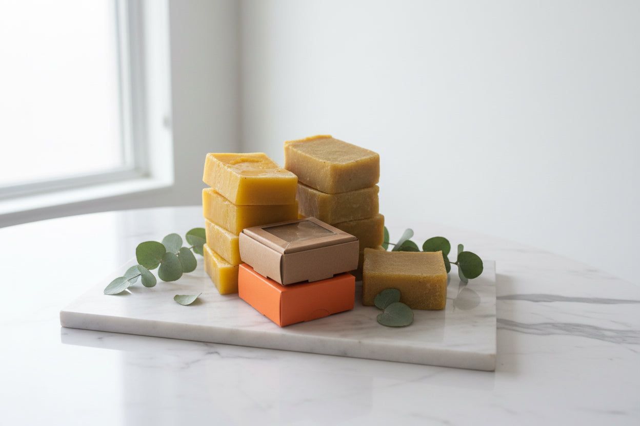 Stacked colorful soap bars on a white marble tray with eucalyptus leaves in soft window light