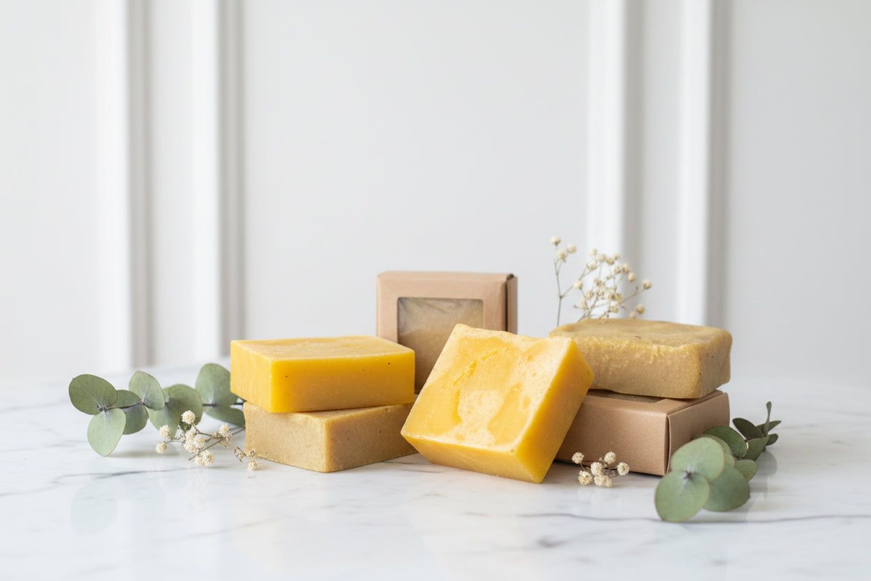 Stacked colorful soap bars on a white marble tray with eucalyptus leaves in soft window light