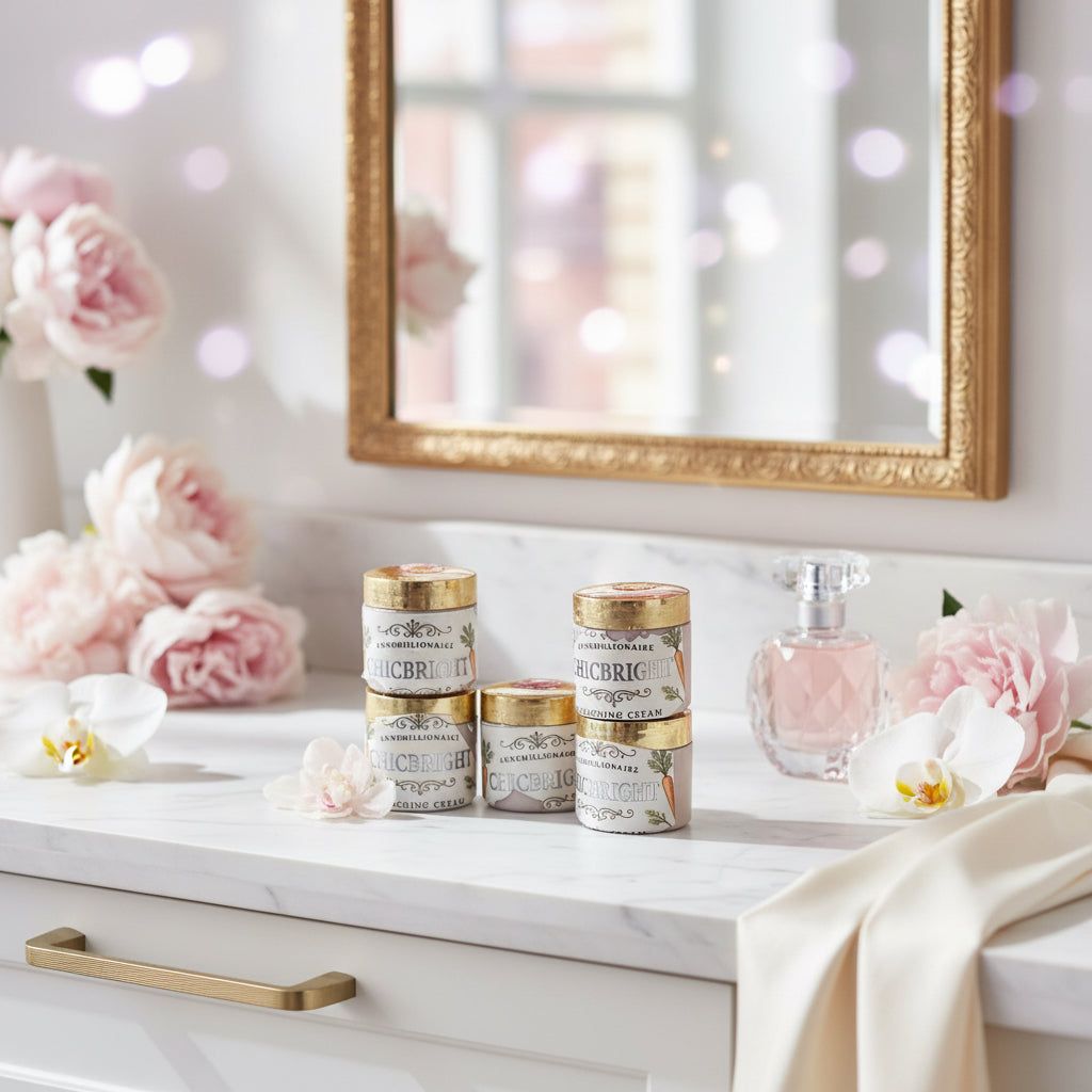 Perfume bottles and decorative flowers on a white vanity beside a gold-framed mirror.