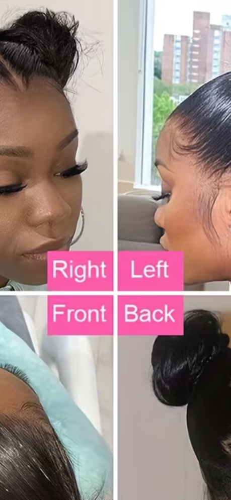 Dark hair in a messy bun with a large hoop earring, seen from the side