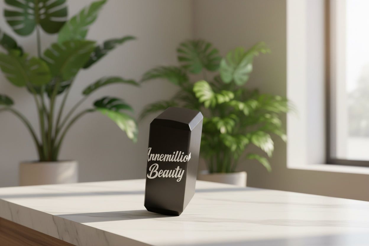 Black cosmetic bottle on a white table by a window, with green plants in the background.