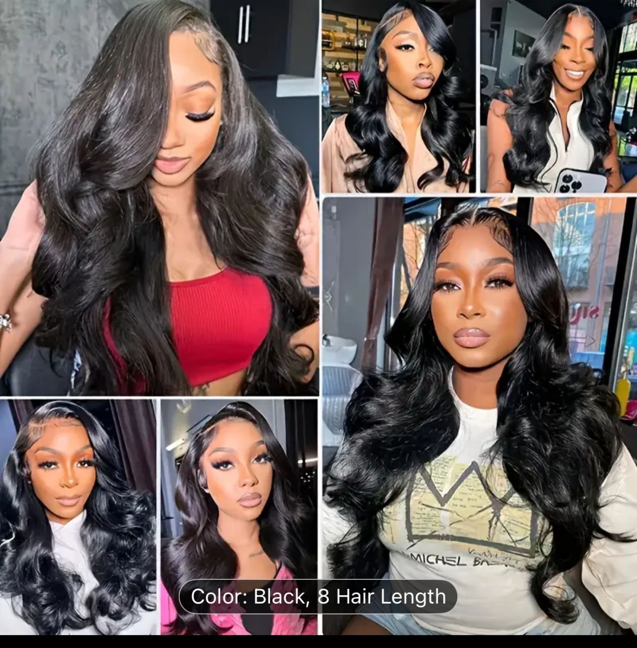 Collage of a woman showcasing long, wavy black hair in different poses and styles