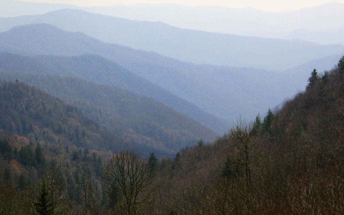 A view of a mountain range with trees in the foreground.