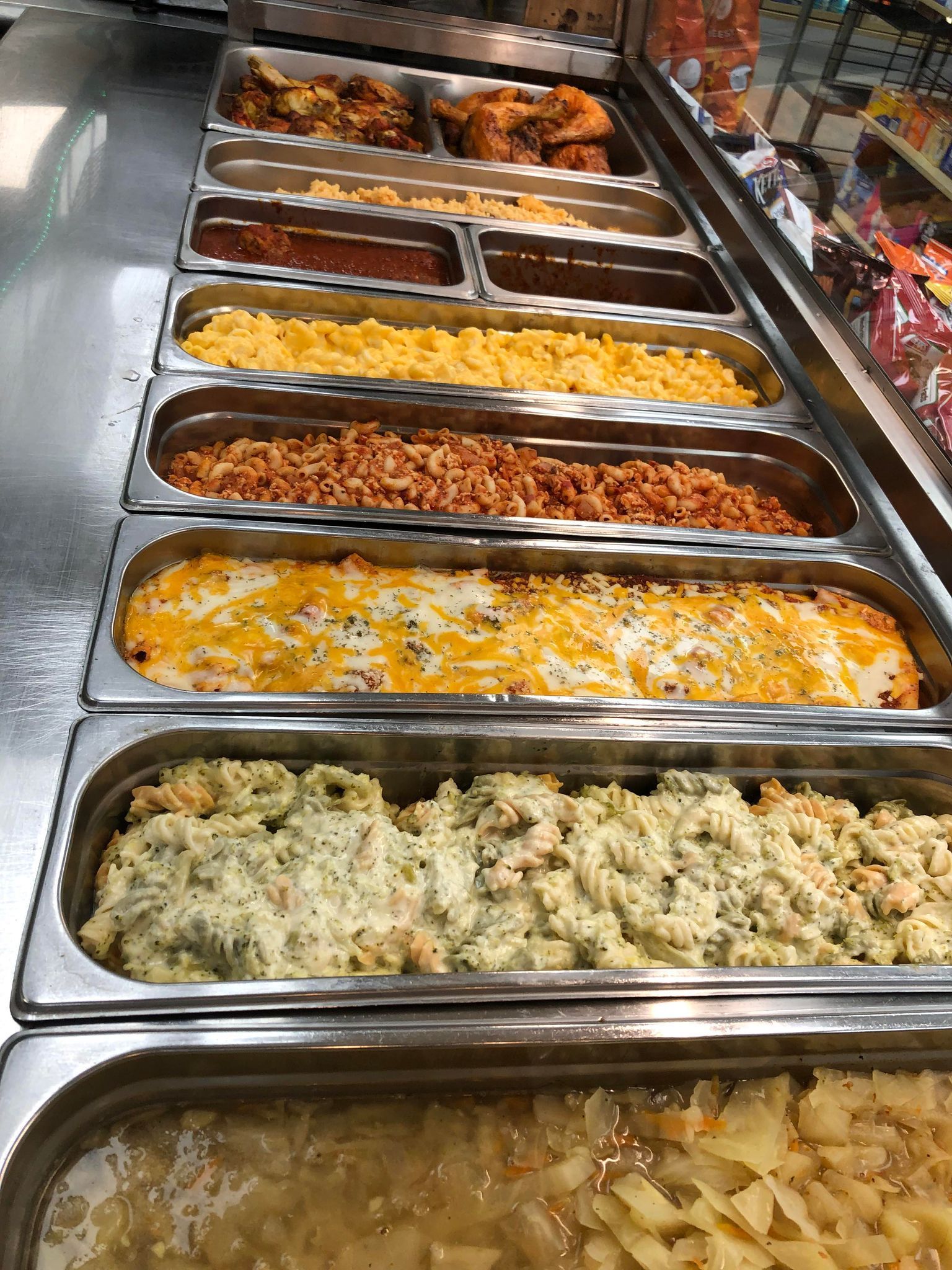 center city deli side items inside hot display case