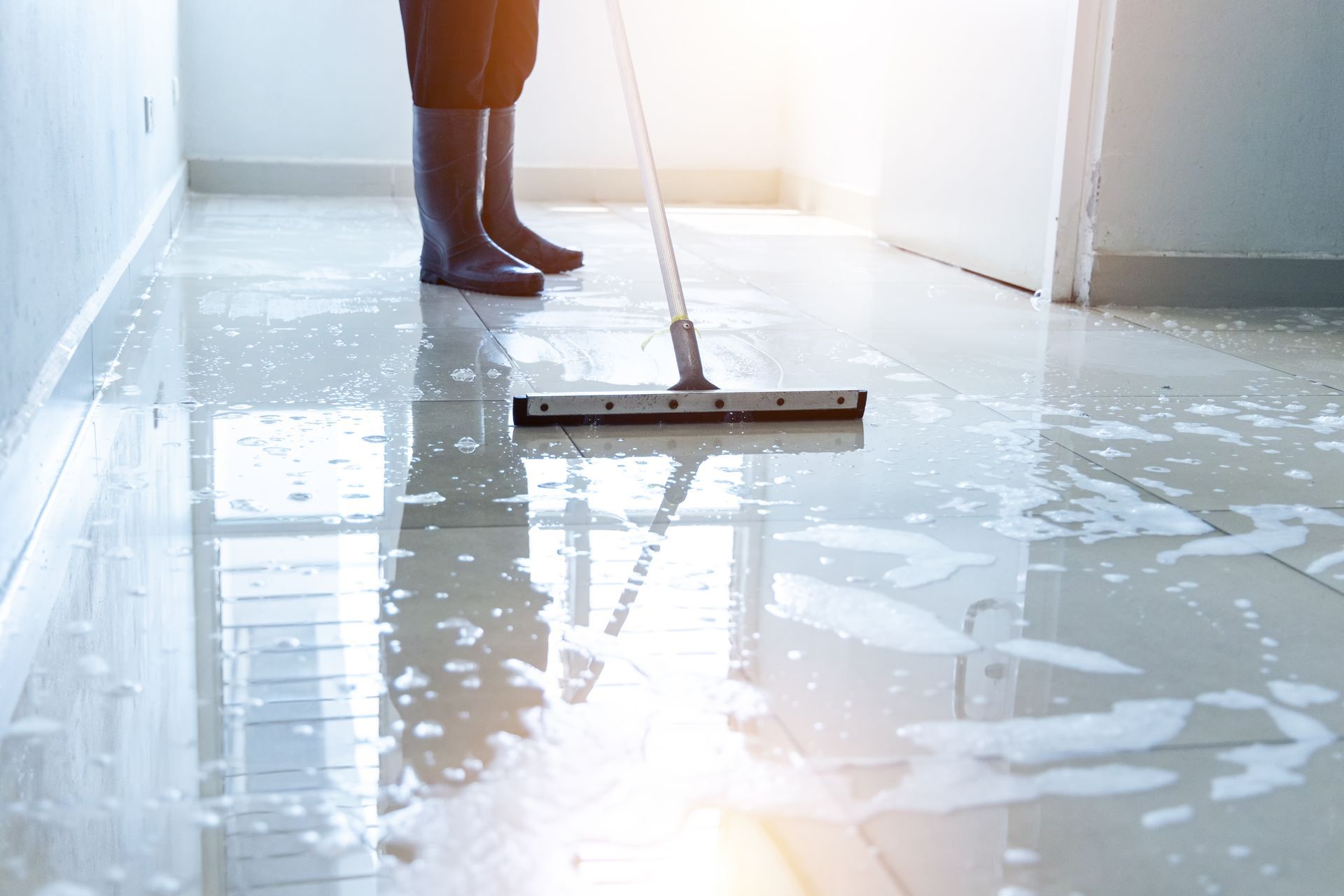 Person wearing boots squeegeeing soapy water from a tiled floor in a hallway.